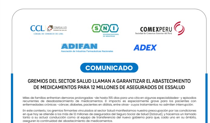 Gremios del sector Salud llaman a garantizar abastecimiento de medicamentos para 12 millones de asegurados de EsSalud