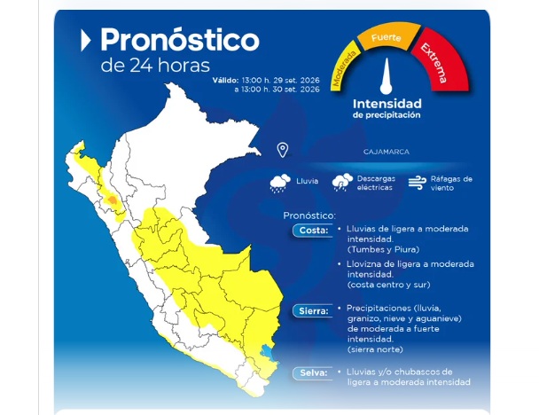 Senamhi: lluvias de moderada a fuerte intensidad se esperan en la sierra y costa norte del país