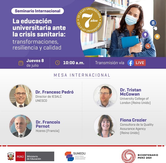 Sunedu organiza seminario internacional sobre la educación universitaria en la crisis sanitaria 