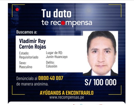 Mininter incluye a Vladimir Cerrón en Programa de Recompensas por delito de colusión