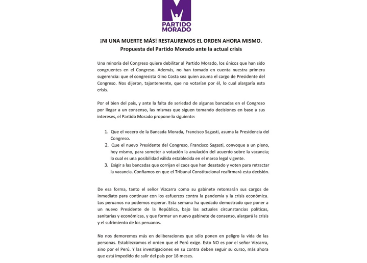 Partido Morado propone anulación de vacancia presidencial contra Vizcarra