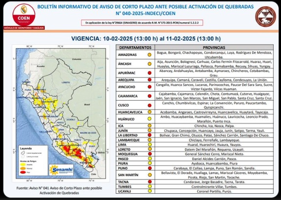 ¿En qué provincias se ha declarado alerta roja por activación de quebradas?