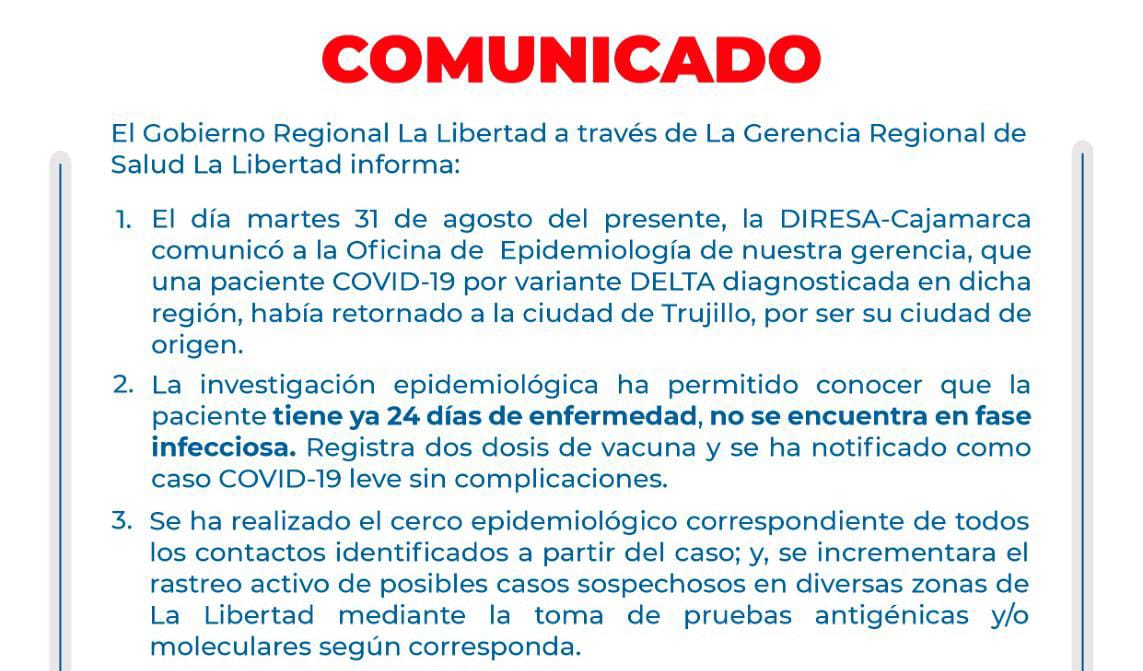 Geresa descarta variante Delta en región La Libertad