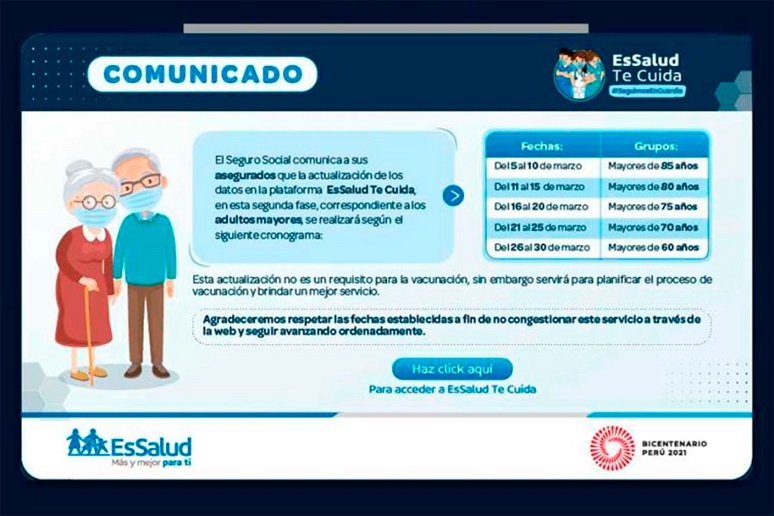 Conozca el cronograma de actualización de datos para adultos mayores que serán vacunados por Essalud