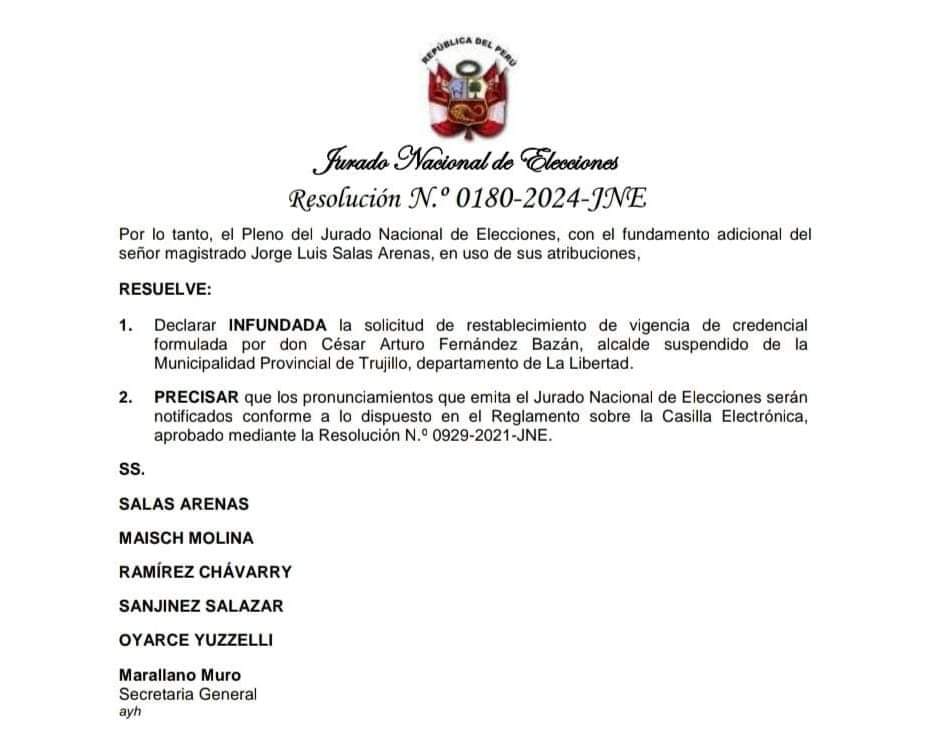 Jurado Nacional de Elecciones declara infundada la solicitud al suspendido alcalde de Trujillo