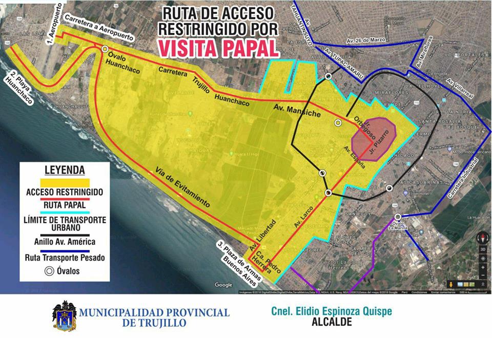 Restringirán tránsito un día antes de la llegada del papa a Trujillo