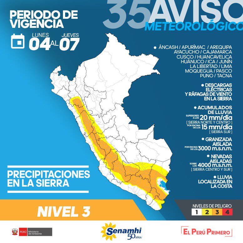 Lluvias, granizada y nevadas soporta desde hoy la Sierra de 16 departamentos, también en La Libertad