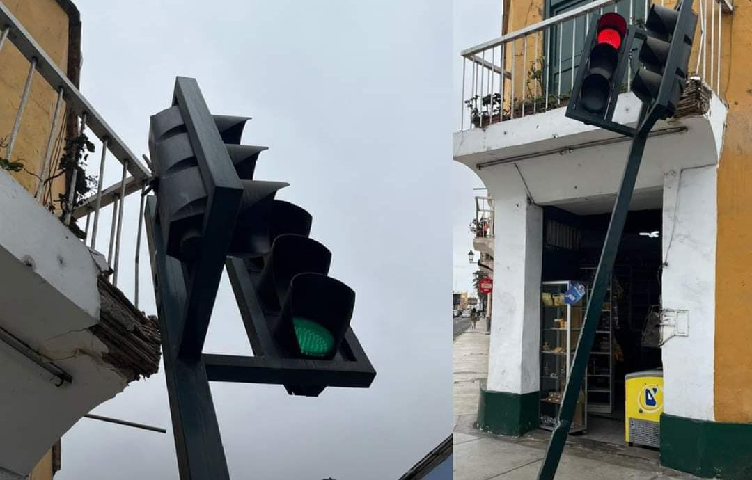 Semáforo a punto de colapsar es una bomba de tiempo en centro histórico de Trujillo 