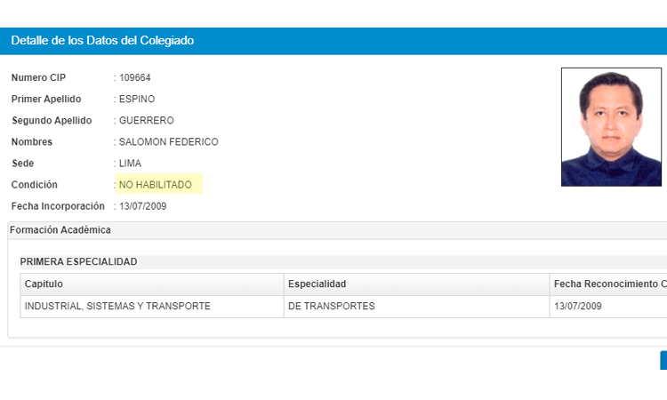 Gerente de Transportes de Trujillo no está habilitado por Colegio de Ingenieros