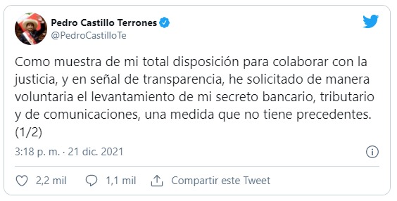 Presidente Castillo solicitó levantamiento de su secreto bancario, tributario y de comunicaciones