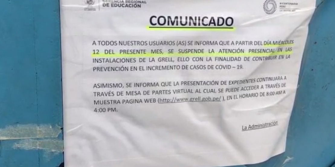 Trujillo: Cierran Gerencia Regional de Educación tras casos de covid-19 